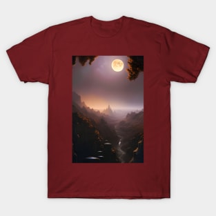 Mystic Full Moon over Fantasy Red Rock Valley Digital AI Art T-Shirt